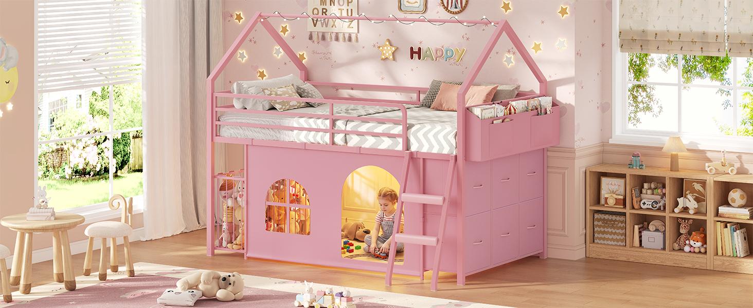 Loft Bed Twin Size with 6 Drawers, LED Lights & Stuffed Animal Storage, Metal House Loft Bed with 13” Safety Guardrail & Inclined Ladder, Twin Low Loft Bed Frame with Play Curtain, Under-Bed Play Space, Pink