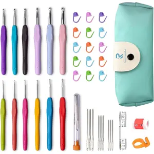 Crochet Hooks, 12 Sizes Crochet Hook Set, Crochet Kit for Beginners, Knitting Needles with Ergonomic Handles for Arthritic Hands, Christmas Gifts for Women, Crochet Needles with Blue Case