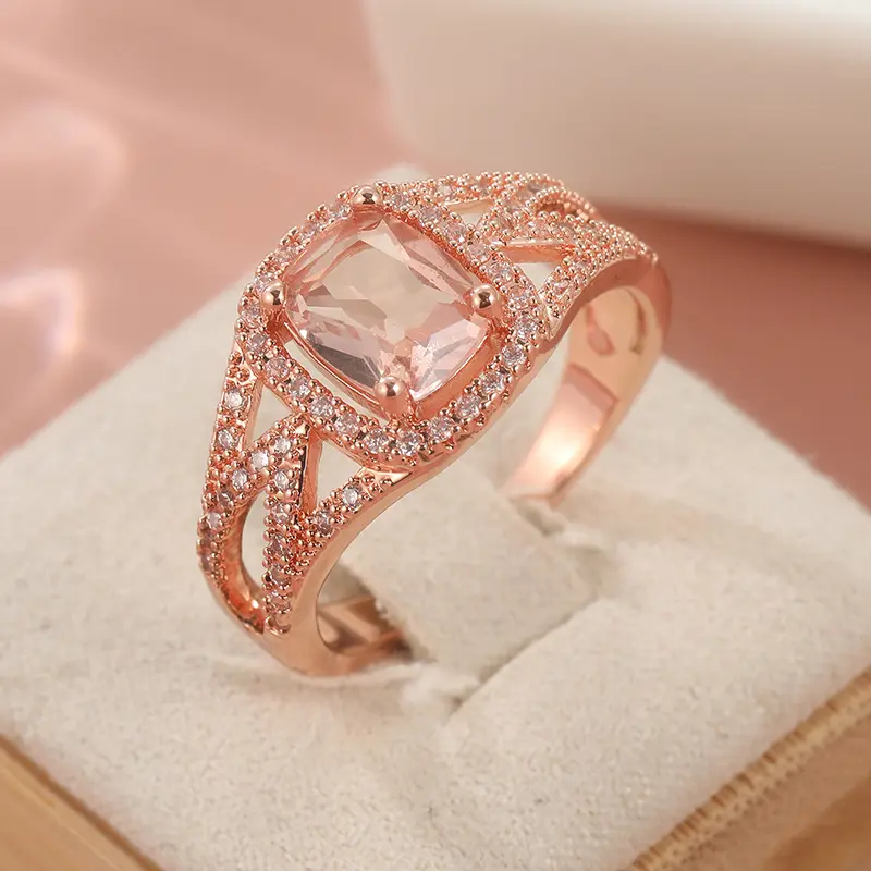 Gentle Pink Rose Gold Double Ring Pillow Set Filled with Zircon Rings Engagement Stacked Set Light Luxury Small Unique Design Metal Coating
