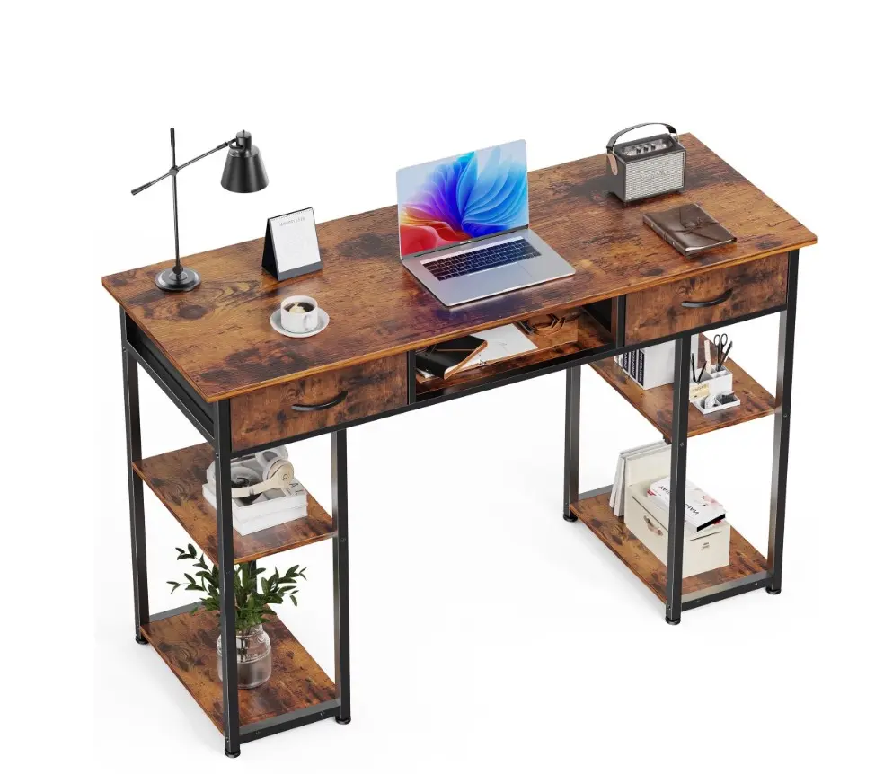 Small Desk with Fabric Drawers & Storage Shelves, 48 Inch Computer Desk Modern Writing Desk Study Table for Home Office, Brown Rust
