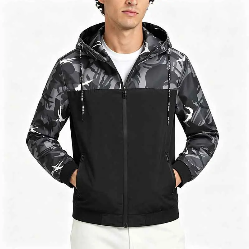 Men’s Camouflage Patchwork Hooded Jacket - Spring/Autumn Lightweight Casual Sports Hardshell Top, American-Style Color-Block Slim-Fit Windproof Outerwear, Open-Front Zip-Up for Young Adults’ Daily Commuting