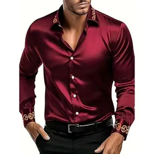 Men's Elegant Red Long Sleeve Dress Shirt with Golden Chain Detail - Square Collar, Button-Up Front, Machine Washable, Perfect for Formal Occasions, Casual Elegant Attire | Dress Shirt | Flexible Comfort Fit