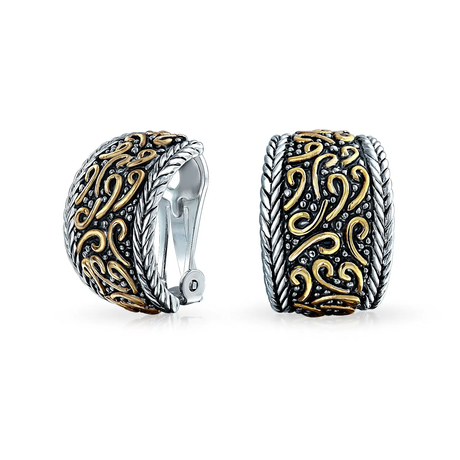 Bali Style Swirl Two Tone Clip On Earrings Non Pierced Ears Black Oxidized Rhodium 14K Gold Plated