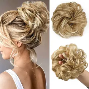 Large Messy Bun Hair Piece Wavy Curly Scrunchies Synthetic Chignon Ponytail Hair Extensions Thick Updo Hairpieces for Women Dirty Blonde Glueless Clip In