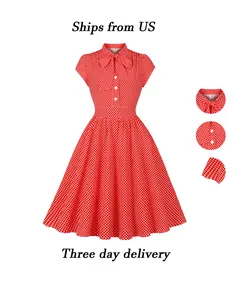 Women's 1950s Red Polka Dot Bow Tie Cocktail Dress Elegant Retro Fit Vintage Party Dress