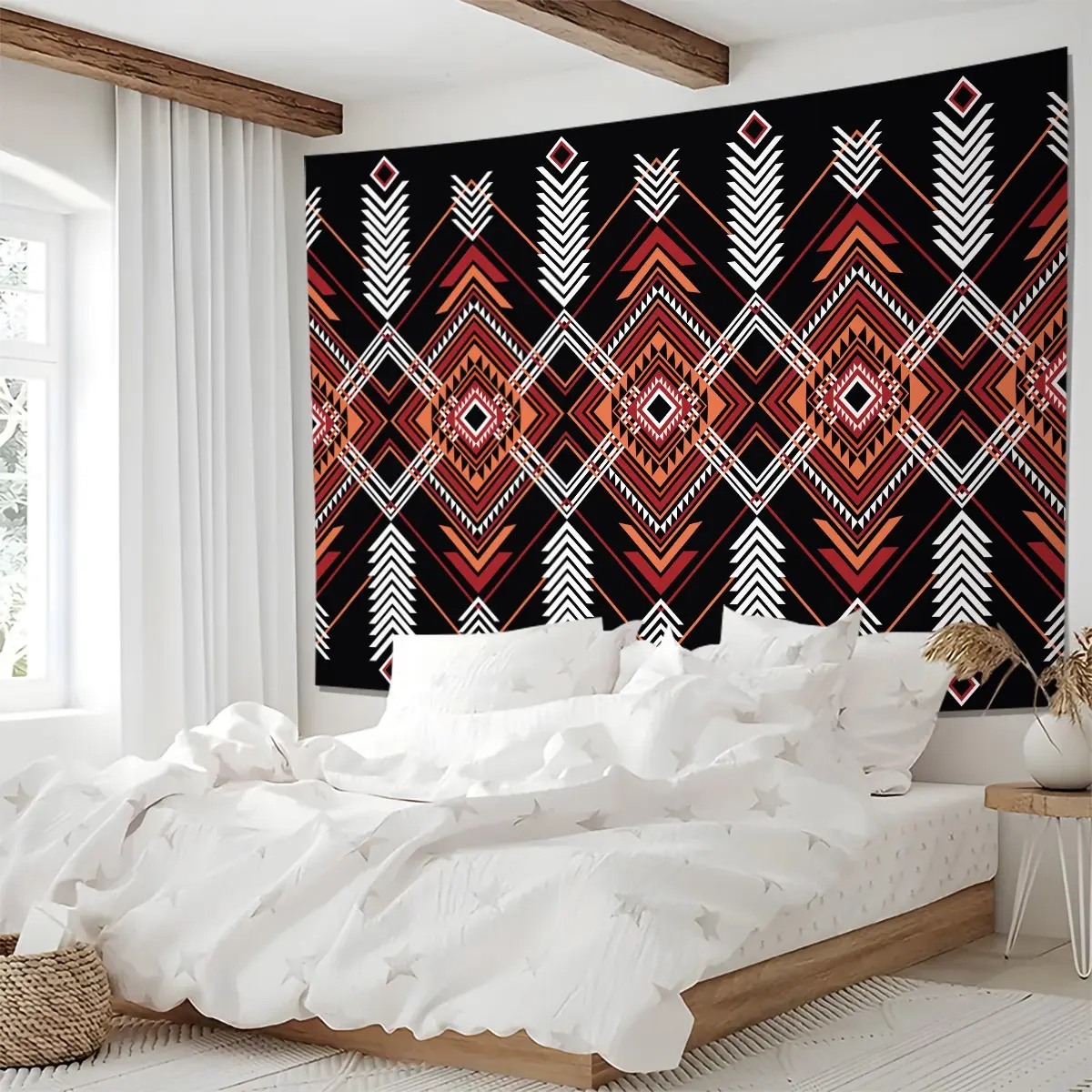 Southwestern Aztec Geometric Tapestry, Tribal Print Wall Hanging, Ethnic Wall Blanket Backdrop Decor, Boho Southwestern Style Tapestries, Bold Black & Red Design for Teens & Adults Living Room & Bedroom