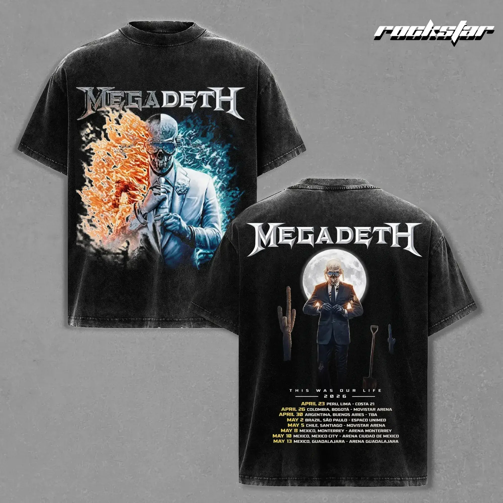 Megadeth This Was Our Life 2026 Tour Vintage Washed T-Shirt, Skull Suit Graphic Tee with Flame Design, Oversized Black Heavyweight Streetwear Shirt for Men Women Metal Fans