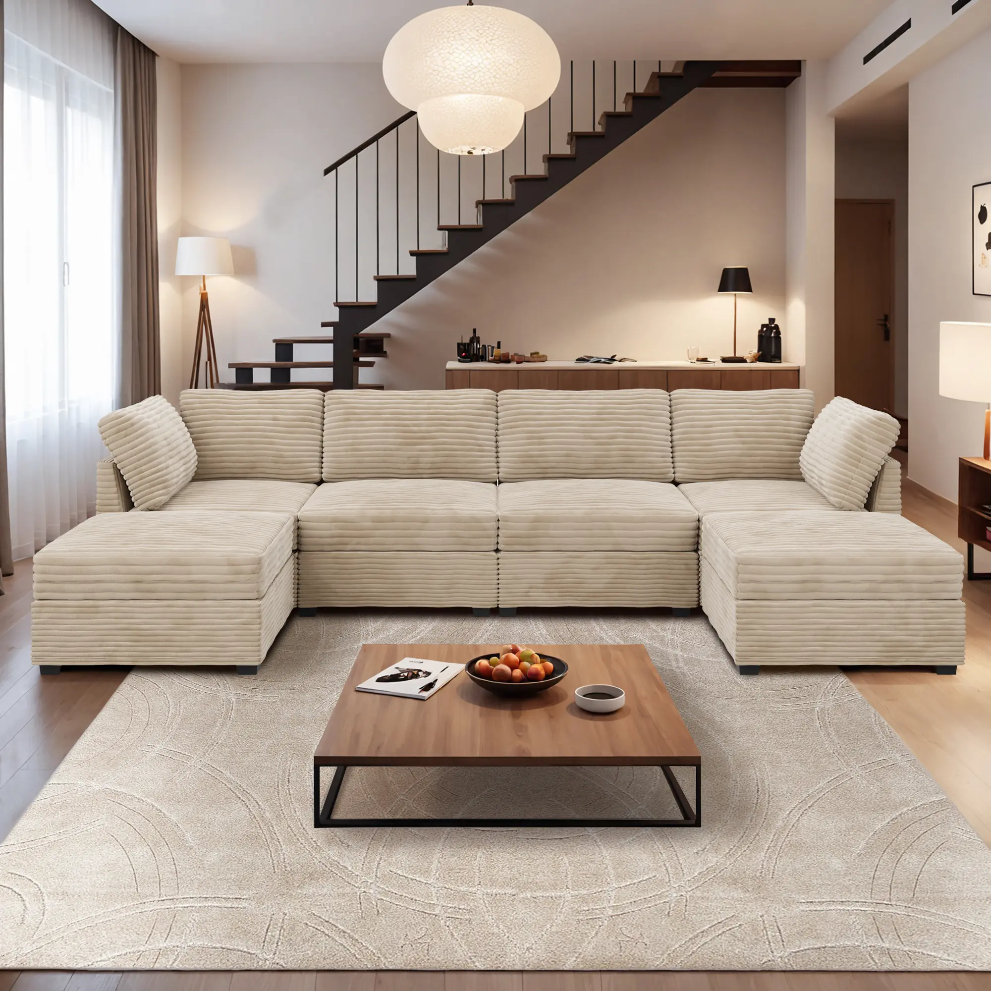 Beige, 6 Seats, U-Shaped with 2 Ottoman