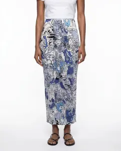 Abstract Blue and White Pleated Midi Skirt