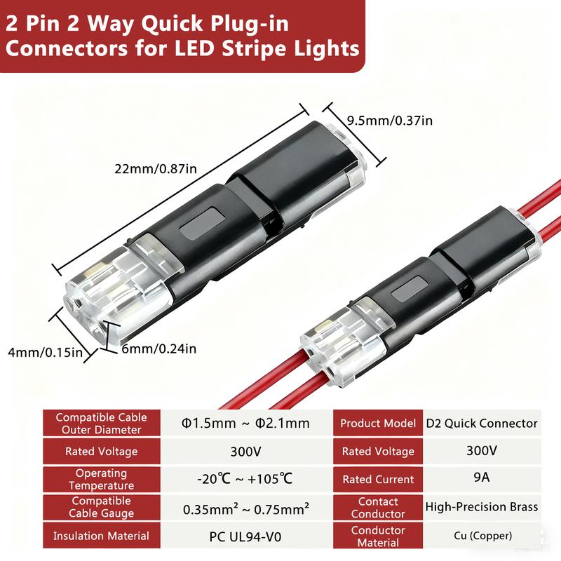 100-Pack Quick-Clip Fasteners, Low Voltage Wire Connector, Double-Wire Plug-in Connector with Locking Buckle, Multi-Purpose Snap-On Blocks for DIY Crafting, Low-Voltage Decor & Model Kits, No-Tool Plastic Connectors