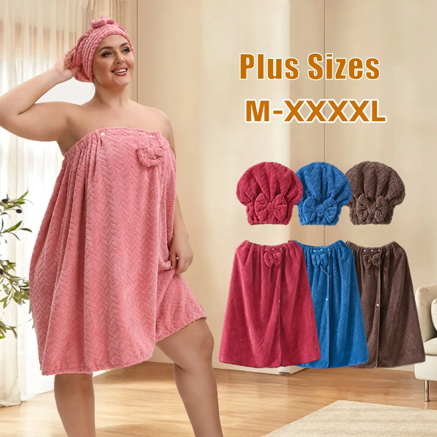 2pcsPlus Size Bathrobe and Shower Cap Set, Adjustable Bathrobe and Shower Cap, Thick Towel Bathrobe. Available in multiple colors. Thick coral fleece bathrobe that can be worn or wrapped around. Includes 1* Bathrobe + 1* Shower Cap