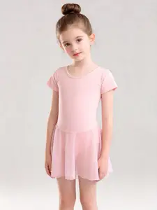 Girls’ soft pink ballet dancewear set — crew-neck short-sleeve one-piece practice outfit with mesh skirt for performances
