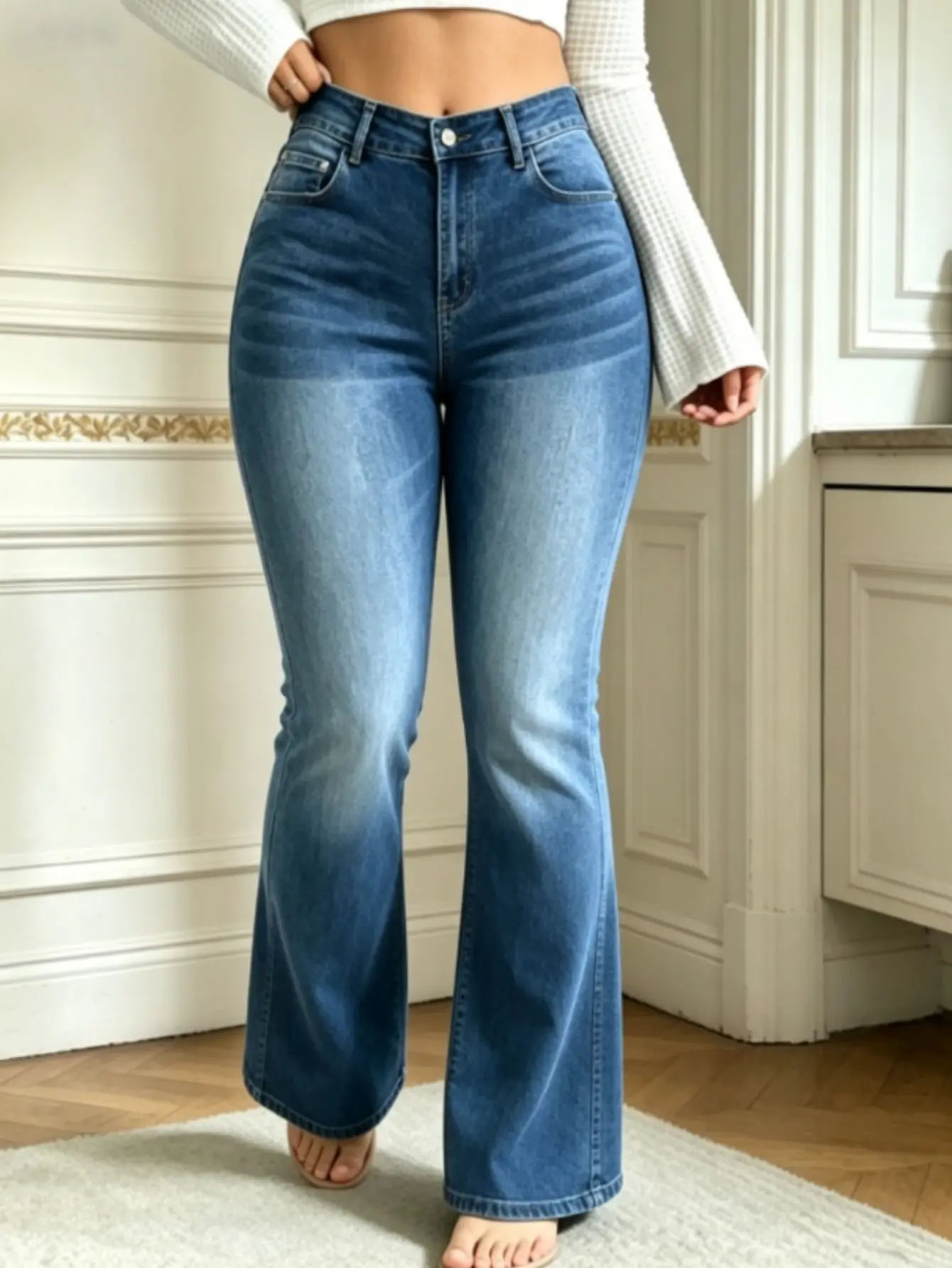 【Plus Size】Cowboy bell bottom pants Solid Lace Flare Leg Pants, Casual Lounge Pant Comfy Breathable Bell Bottom Trousers for Daily Wear, Women's Bottoms for All Seasons WH48
