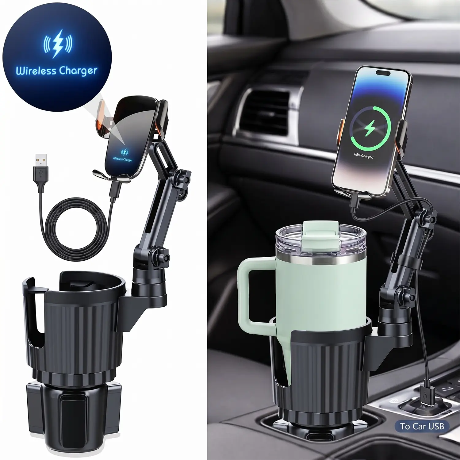 Car Cup Holder with Wireless Charger ,  15W Fast Charging Auto Clamping Cup Holder Expander for Car, Phone Holders for Your Car CupHolder Wireless Charger Compatible for All Smartphones