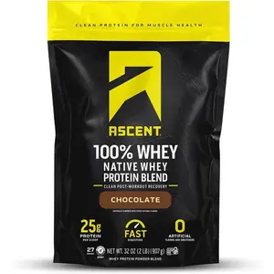 Ascent 100% Whey Protein Isolate Powder Chocolate, Post-Workout Protein with 5.5g BCAA & 2.6g Leucine, Zero Artificial Ingredients, Gluten-Free, 2 lb