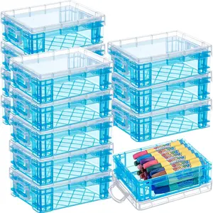12 Pcs Plastic Clear Crayon Box with Lids Stackable Blue Crayon Organizer Storage Holder Container Bulk Hard Pencil Case for School Classroom Office Supplies Pen Pencil Art Crafts