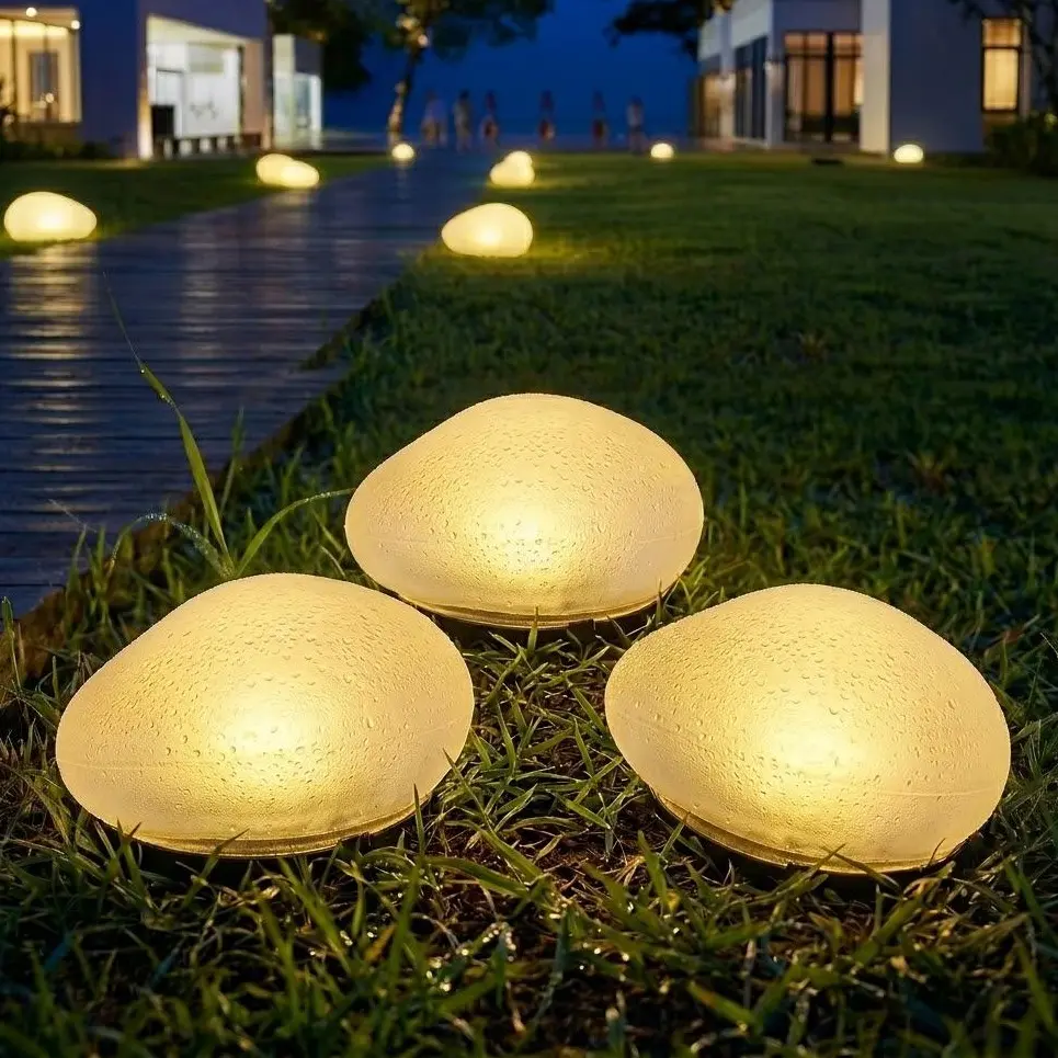 4-LED Solar Pebble Decorative Outdoor Landscape Lights - Waterproof Portable Solar Garden Decor, LED Ground Lights for Backyard Holiday Decor (Pack of 2)