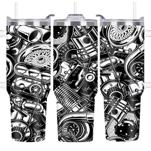 Car Mechanic Pattern Tumbler With Lid, 1 Count/4 Counts 40oz/1100ML Double Wall Stainless Steel Vacuum Insulated Tumbler, Gift for Dad, Car Mechanic Gift, Drinkware