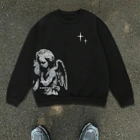 Men's Angel & Letter Print Round Neck Casual Streetwear Essentials, Loose Casual Long Sleeve Crew Neck Pullover for Fall & Winter, Men's Clothes for Daily Wear