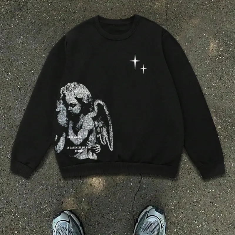 Men's Angel & Letter Print Round Neck Casual Streetwear Essentials, Loose Casual Long Sleeve Crew Neck Pullover for Fall & Winter, Men's Clothes for Daily Wear