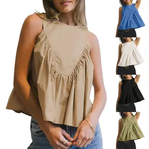 Tanming Women's Sleeveless Peplum Top Swing Tank Loose Fit Back Button Casual Blouse Ruffled Shirts