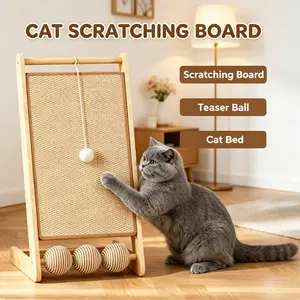 「PawPlanet」 3-in-1 Cat Scratching Board with Teaser Ball for Indoor Cats，Cat Cartching Board，Wooden Cat Scratcher Furniture Protector Sisal Pad Multi-Function Cat Scratching Station with Toy Ball，Heavy-Duty Cat Scratcher for Large & Active Cats
