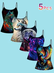 5-Piece Set Colorful Animal Print Strapless Tank Tops, Ethnic Wolf Tiger Phoenix Totem Thin Shoulder Blouses, Summer Casual Sleeveless T-Shirts