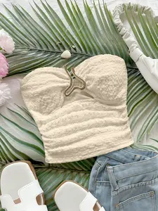 Women's Knitted Texture Strapless Backless Top, Hollow Out Heart Metal Buckle, Slim Fit, Boho, Bohemian, Party, Date, Beach, Music Festival, Summer