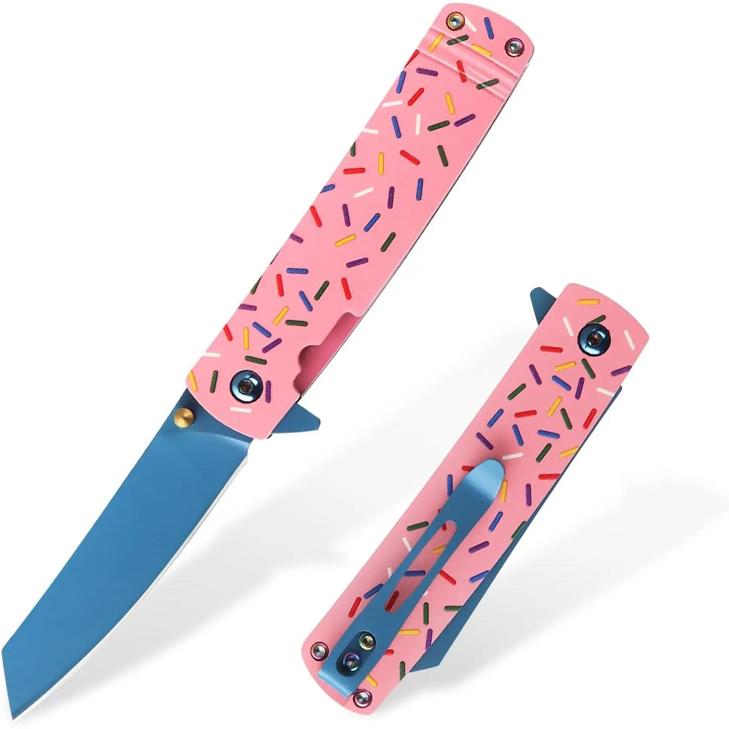 7.1" Total Length Pink Folding Pocket Knife with G10 Handle, Stainless Steel Blade, Pocket Clip, Sheath, Fishing/Camping Use, Cute Donut Design, 1-Piece (Blue, 120g Specification) Gift