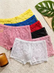 Men's Sexy Lace Embroidery Briefs 3 Pack, High Elasticity Thin Breathable Ice Silk Underwear, Comfortable and Stylish Inner Wear