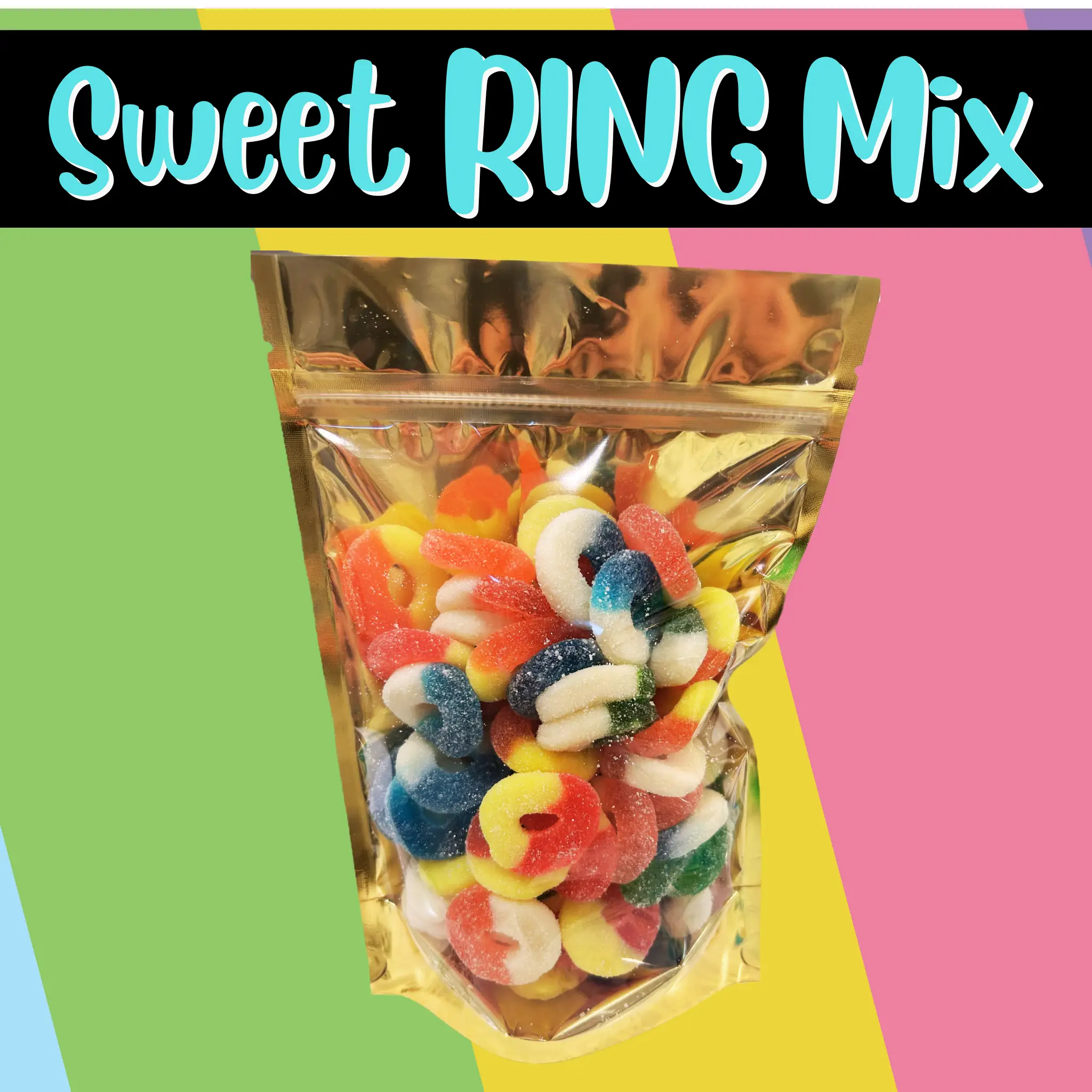1lb Gummy Ring Mix (sweet) - Sweet Candy Snack - Resealable Bag - blue raspberry, watermelon, strawberry-banana, apple, peach
