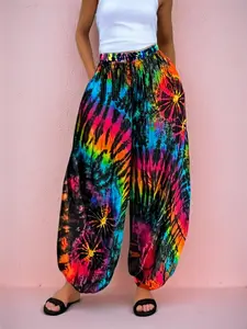 Plus size Women's Tie-Dye Print Pants, Bohemian Casual Fitted Long Summer Trousers, Comfortable Moderate Knit Fabric, Stylish & Versatile Design, Boho