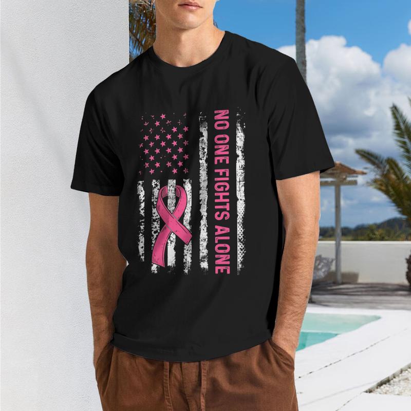 Men's Cotton Menswear Tee - Round Neck, Short-Sleeve, American Flag & Pink Ribbon Breast Cancer Awareness, All-Seasons Comfortable Tshirt