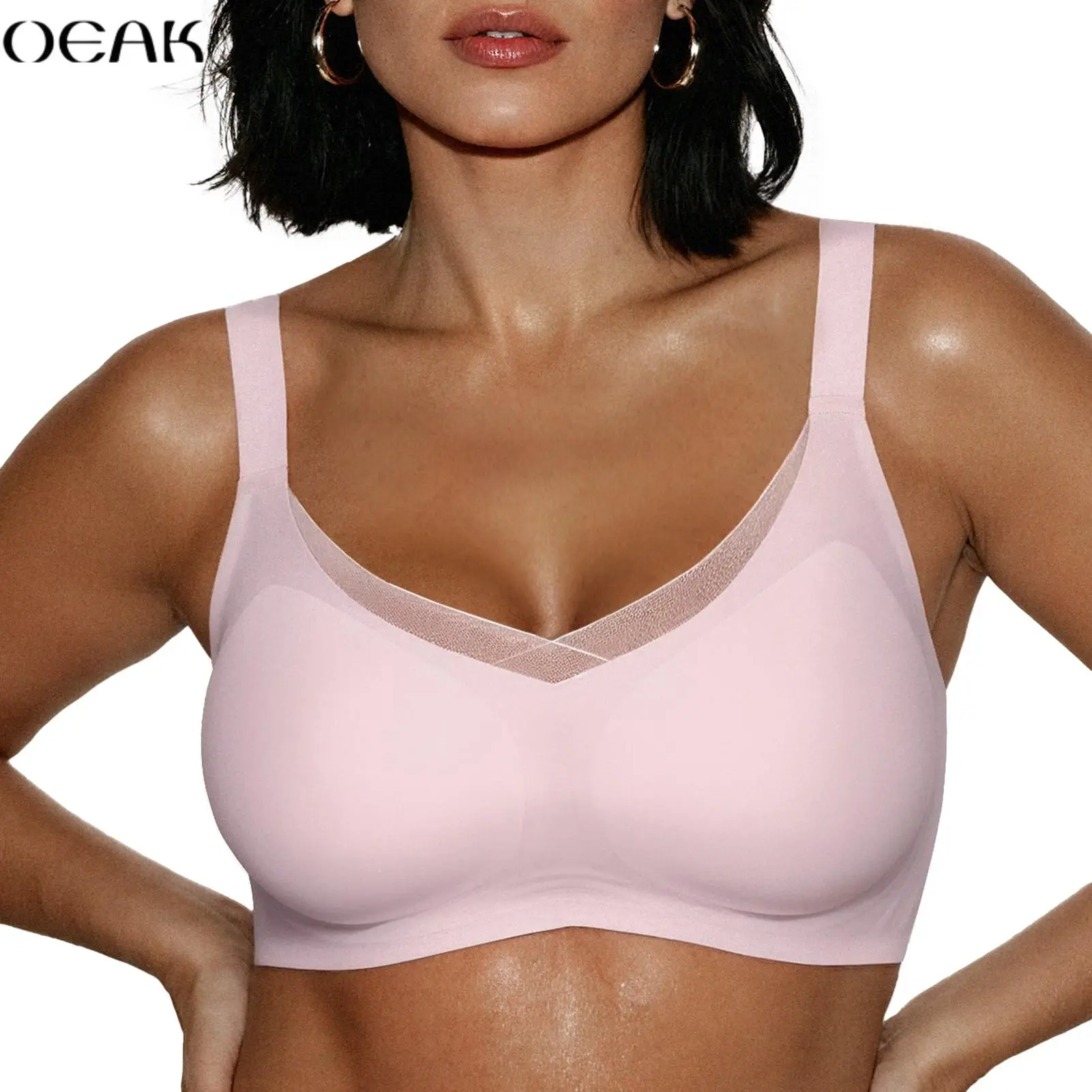 OEAK Womens Wireless Bras V Mesh Comfortable Bralette Supportive Tshirt Bra No Underwire Seamless Push Up Everyday Bras