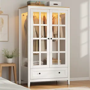 Loomie Armoire Wardrobe Closet with Glass Doors, Modern Freestanding Armoire with Drawer and Hanging Rod, White Wooden Wardrobe Closet for Bedroom Living Room
