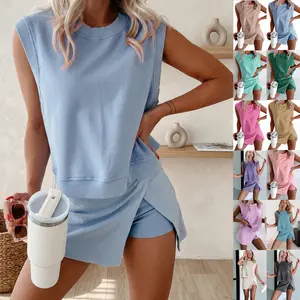 Women's 2-Piece Pure Cotton Sleeveless Tank Top & Medium Length Lined Split Athletic Skort Set, 2026 Y2K Fitness Sportswear Set, Casual Loungewear for Travel, Sportswear Clothing,summervibes