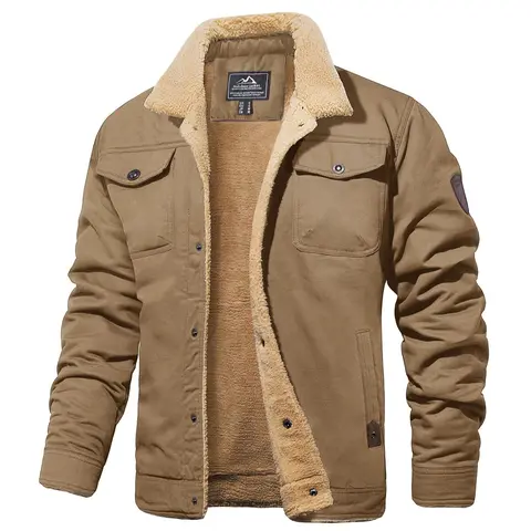 MAGCOMSEN Men's Fitted Trucker Jacket - Sherpa-Lined, Soft Cotton Fleece, Windproof, Button-Front, Long-Sleeve, Multi-Pocket Collared Cargo Coat for Hiking, Casual Outdoor Menswear Tops (Khaki Beige),sohochic