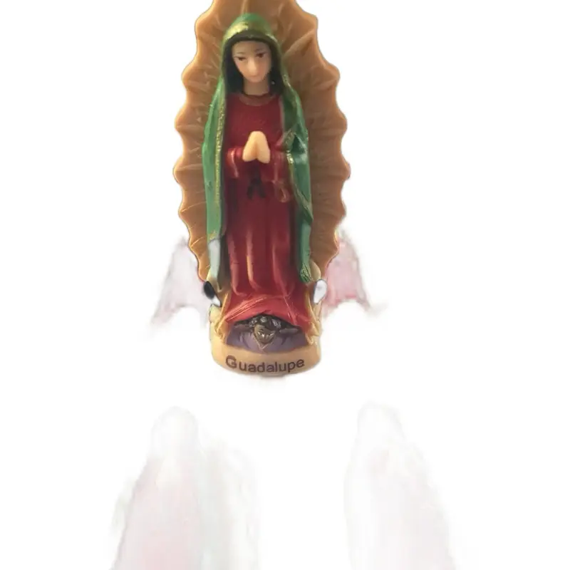 Virgencita de Guadalupe Figurine with Red and Green Attire and Golden Halo Religious Home Decor