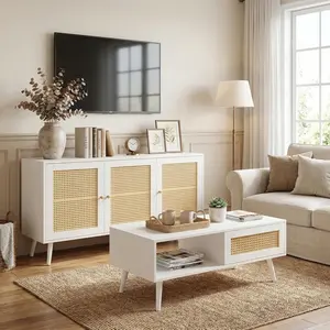 Living Room Table Sets of 2, Includes 47" Rattan TV Stand Storage Cabinet for 55" TV, Farmhouse Coffee Table with Storage Shelf for Bedroom