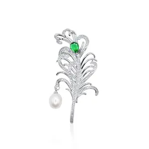 Emerald Feather & Pearl Brooch