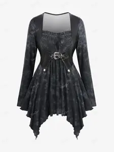 Rgothic gothic vintage PU Panel Buckle Grommet Ruched Frilled Tie Dye Handkerchief Long Sleeves 2 in 1 T-shirt winter new slim fit ruched y2k clothes vintage top