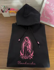 Bendecida Virgen De Guadalupe Embroidery Hoodie Cozy Meaningful Blessed Pink White Red Thread Options Women's Sweatshirt