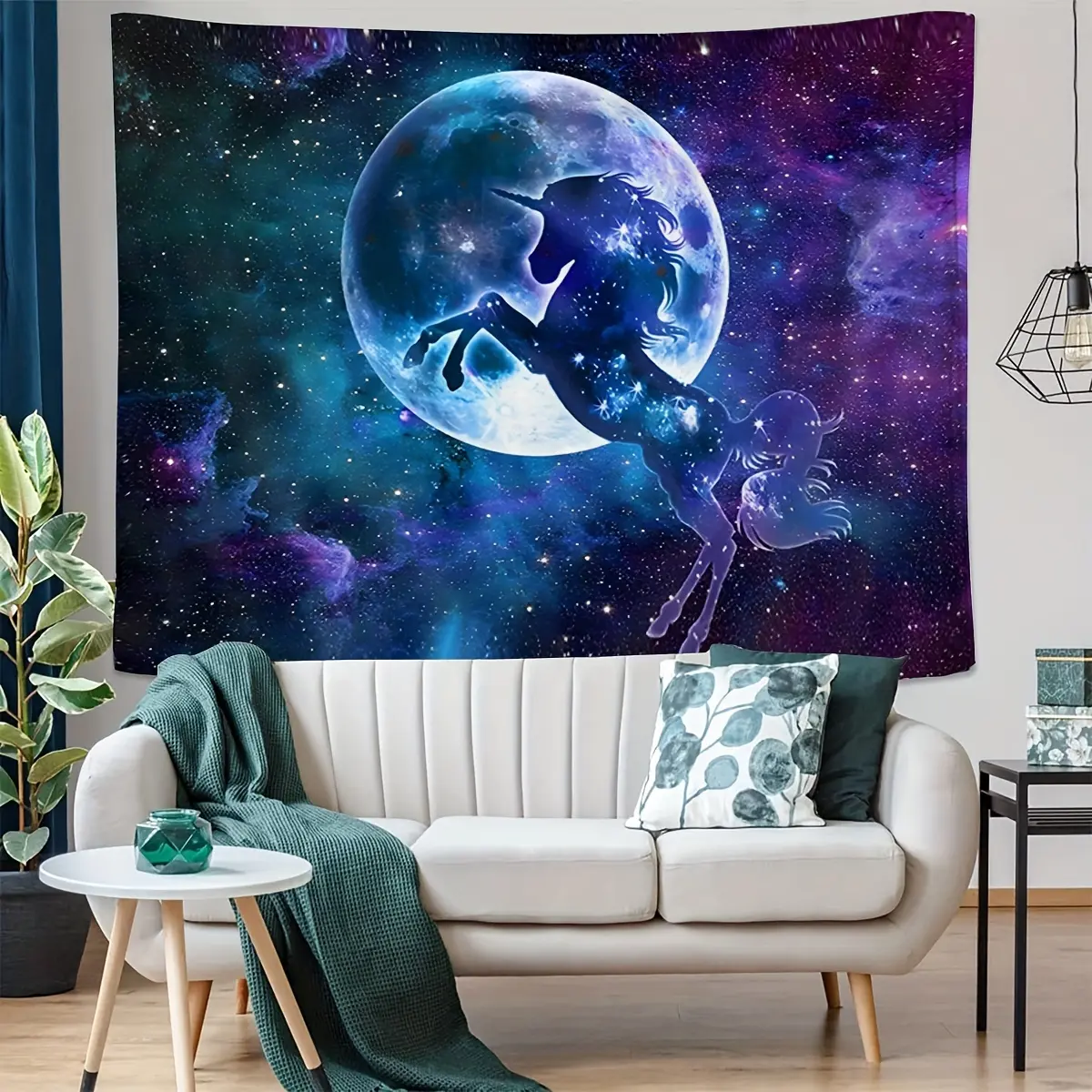 1 Sheet Starry Night Unicorn Statement Wall Mural Tapestry - Soft Peach Skin Fabric Indoor Wall Hanging for Bedroom, Dorm Decor, Statement Wall Mural Tapestries