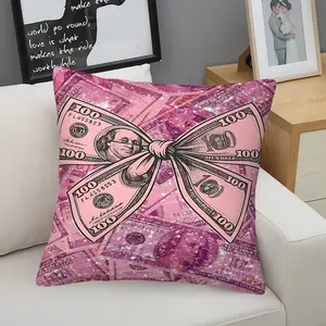 [Digital Throw Pillow] Luxury Dollar Theme Throw Pillow - Vibrant Pink And Purple Glittery Dollar Bill Bow Design - Premium Soft Polyester Fabric - Machine Washable - Modern Living Room Or Bedroom Sofa - 45 × 45cm Includes Pillow Insert Zipper