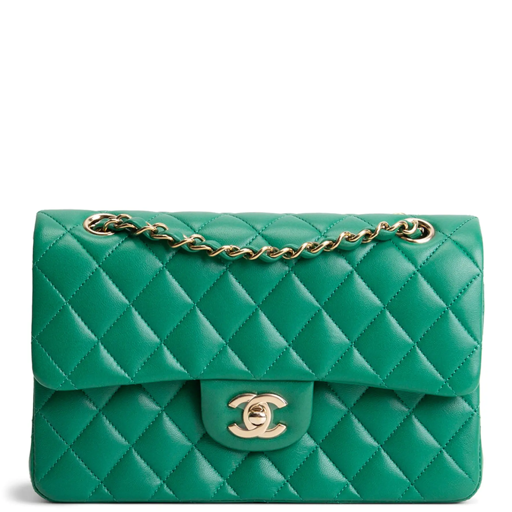 Pre-owned CHANEL Quilted Lambskin Leather Crossbody Bags Classic Small Lambskin Double Flap Deep Green