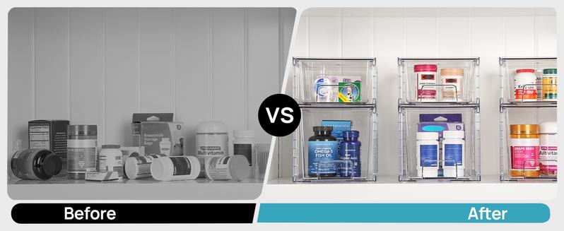 【New Year Hauls】VTOPMART 6 Pack Stackable Clear Drawer Organizer for Organizering Nursing Bottles,Candy,Snacks,Makeup,Cosmetics,Tampons,Medicines,Pantry,Under Sink,Closet,Bathroom, with Free Stickers