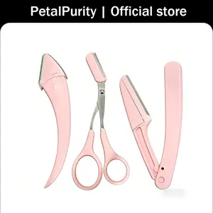 2PCS Eyebrows Eyelashes Grooming Set Pink Eyebrow Scissors with Comb Safety Razor for Precise Makeup Tools Facial Hair Remover for Women