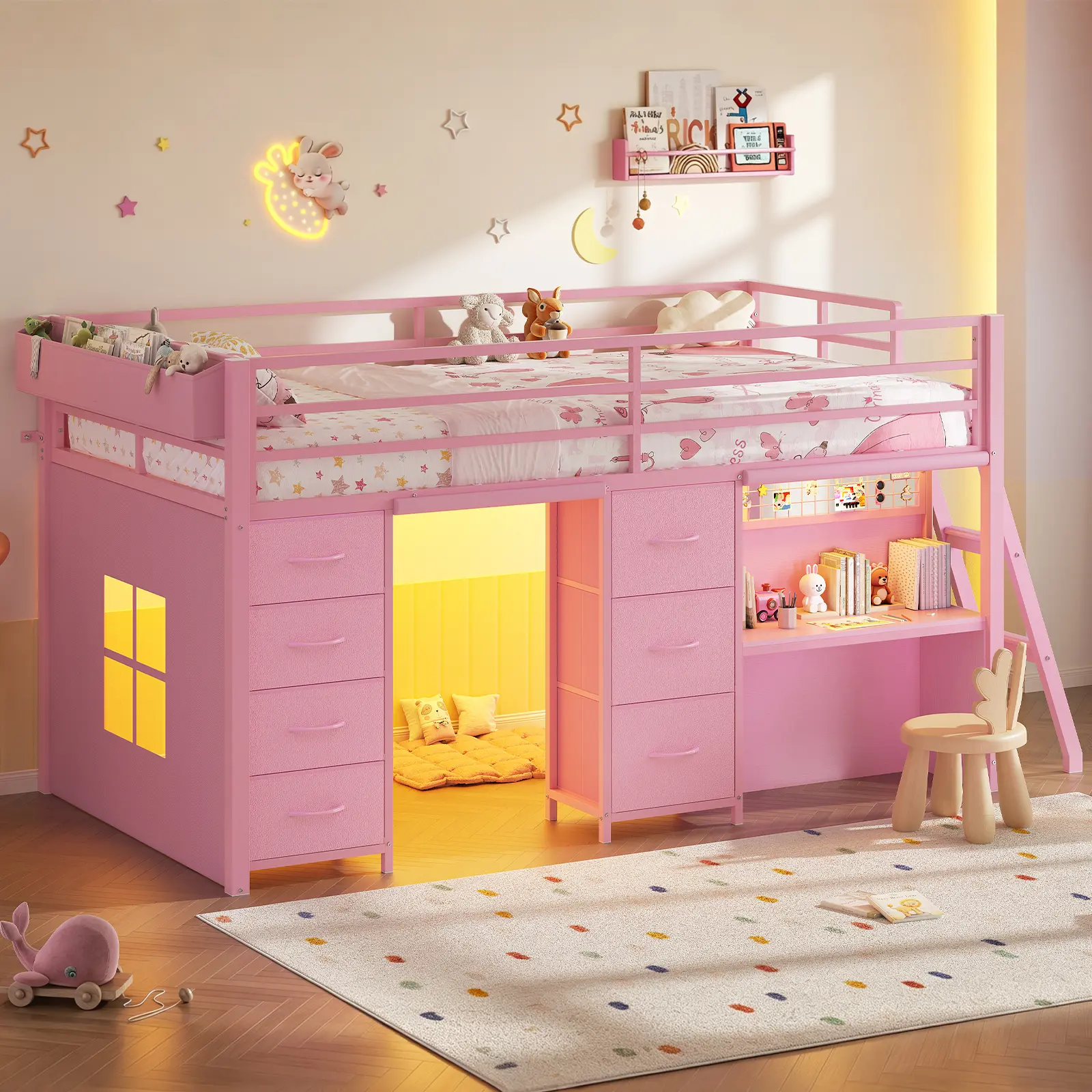 ADORNEVE Low Loft Bed Twin Size with 7 Storage Drawers and Desk Kids LED Loft Bed with Safety Guardrail and Under-Bed Play Space Private Play Curtain