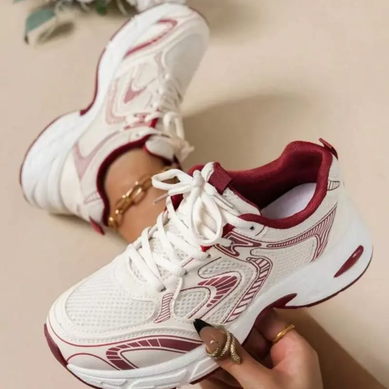 Women's Breathable Mesh Thick Sole Sport Shoes, Lace-Up Platform Casual Old School Dad Sneakers, Comfortable Versatile Daily Wear