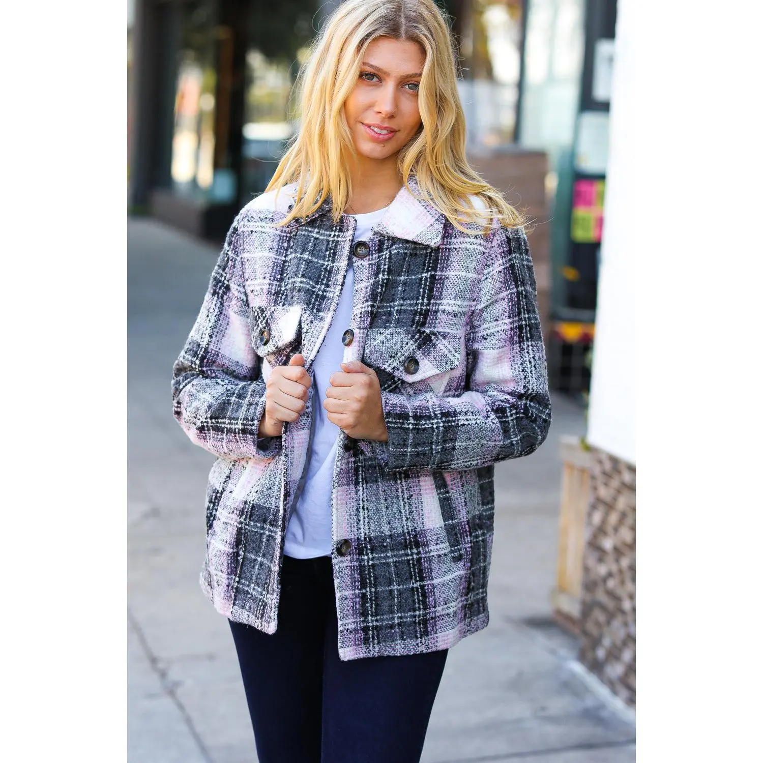 Blush & Grey Flannel Plaid Pocketed Oversize Jacket